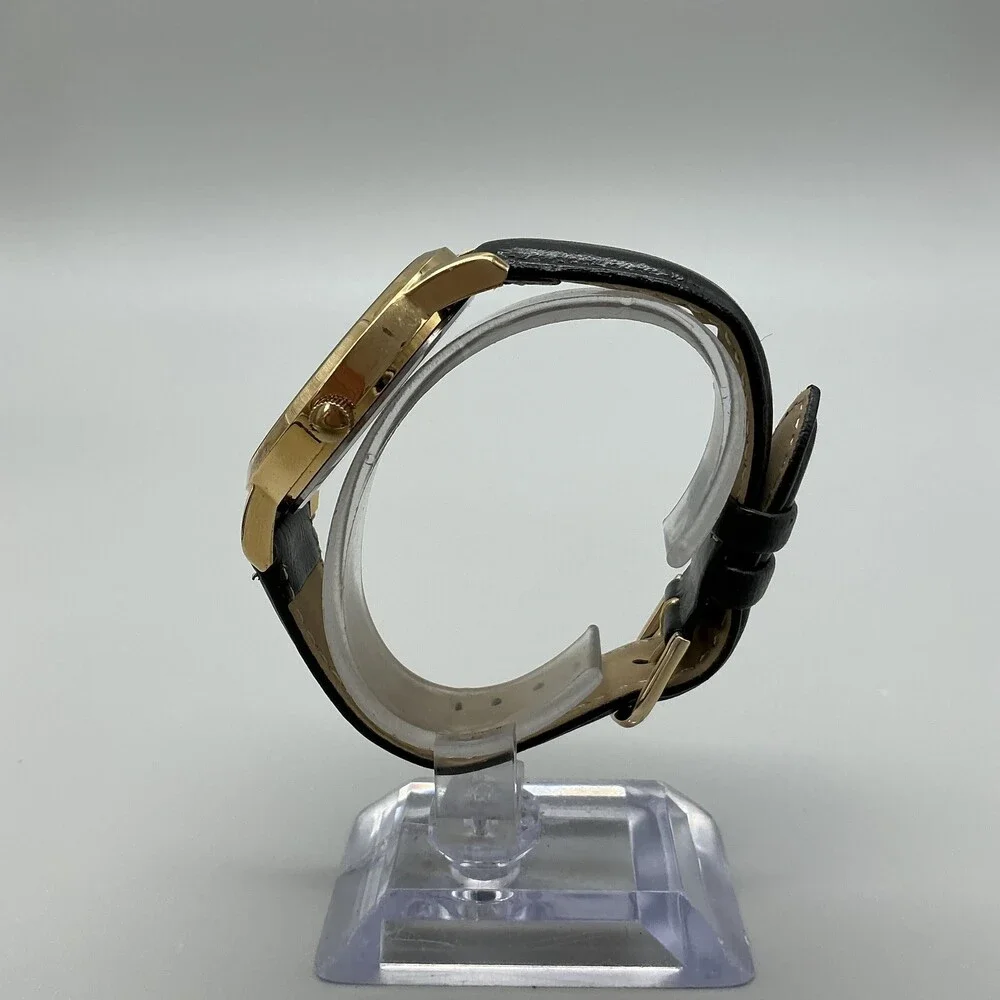 Q&Q Quartz Mens Watch 39mm Gold Tone Case Round Dial Black Band New Battery